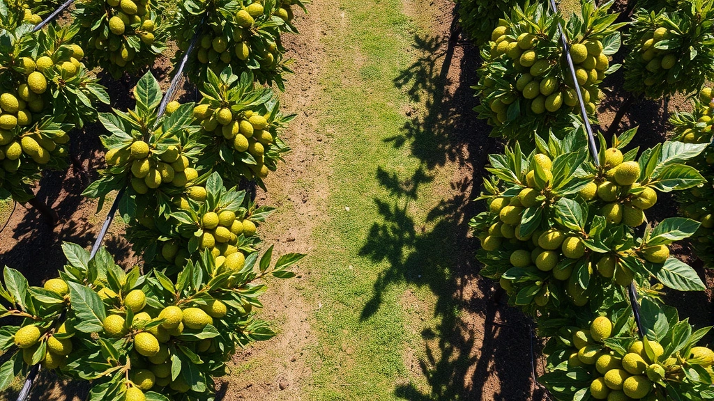 Overhead view of a thriving kiwi vineyard with proper spacing and training systems visible, vines laden with developing fruit in various stages of maturity under bright afternoon sun