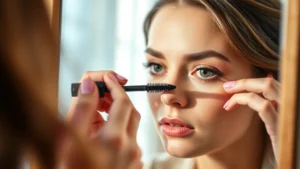 Woman applying lash growth mascara looking in mirror, focused determined expression, natural morning light, close-up of eye area with mascara wand, professional skincare setting