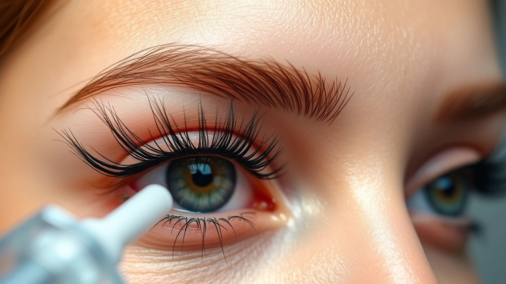 Healthy vibrant eyelashes in macro detail, glistening with product, showcasing thickness and length, scientific laboratory aesthetic, dermatological precision, wellness focus