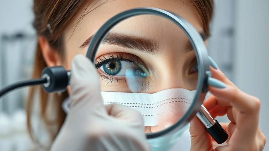 Person examining eyelashes in mirror with magnifying glass, checking lash health and growth, professional consultation environment, clinical skincare routine, evidence-based beauty approach