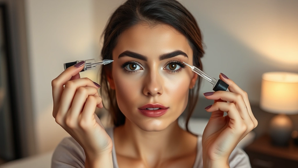 Diverse woman applying clear lash serum with applicator brush to upper lash line at night, clean face, calm bedroom setting, focused expression, professional lighting