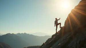 Person climbing a steep mountain curve showing exponential growth trajectory, determined expression, morning sunlight, representing breakthrough and acceleration in personal development