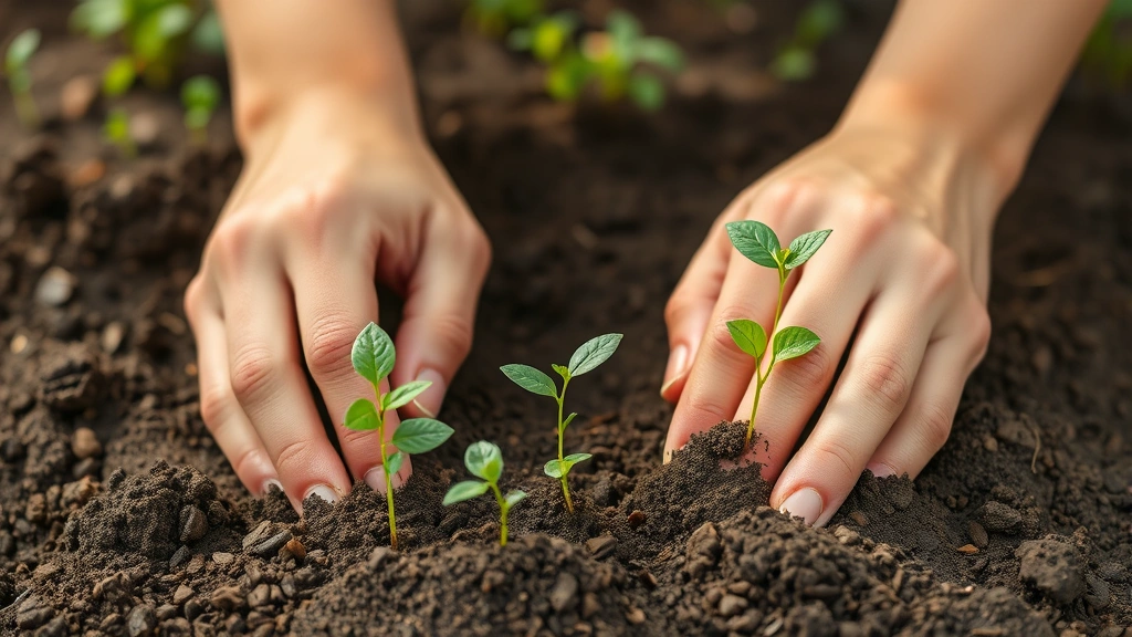 Hands planting seeds in rich soil with multiple seedlings at different growth stages, symbolizing compound growth and patience through invisible phase before exponential results