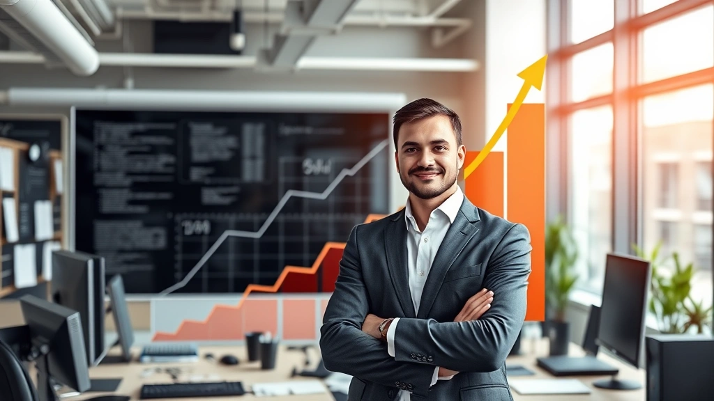 Professional in modern workspace with upward growth chart visualization, confident posture, surrounded by systems and tools, representing leverage and exponential scaling through strategic systems