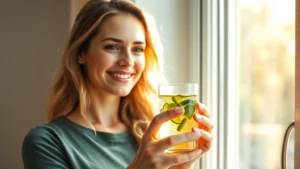 Woman in bright morning sunlight holding a glass of clear liquid multivitamin supplement, smiling with healthy, glowing skin and strong hair, natural light streaming through window, peaceful morning setting