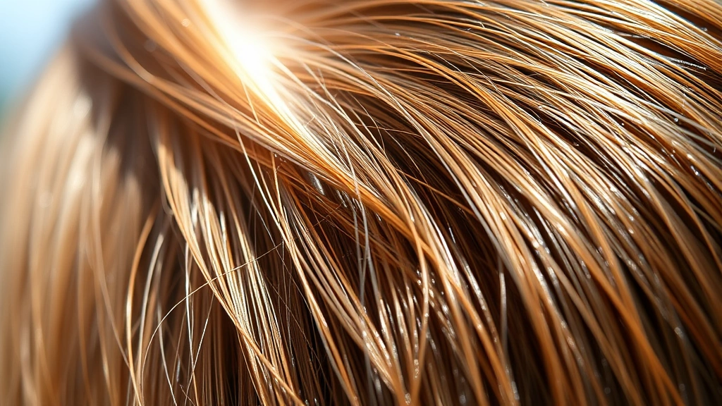 Close-up of a person's scalp showing healthy hair follicles with visible new growth, natural sunlight, vibrant and strong hair strands, microscopic detail of hair health