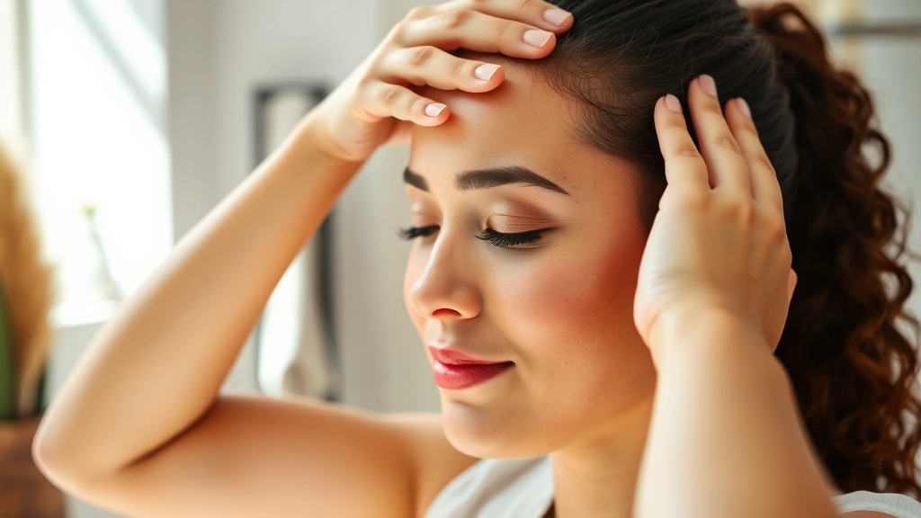 Person doing a scalp massage with gentle hands, relaxed facial expression, morning routine scene, soft natural lighting, clean bathroom setting, demonstrating hair care wellness ritual