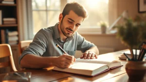 Person writing in journal at wooden desk with morning sunlight streaming through window, focused and determined expression, warm natural lighting, comfortable home office environment