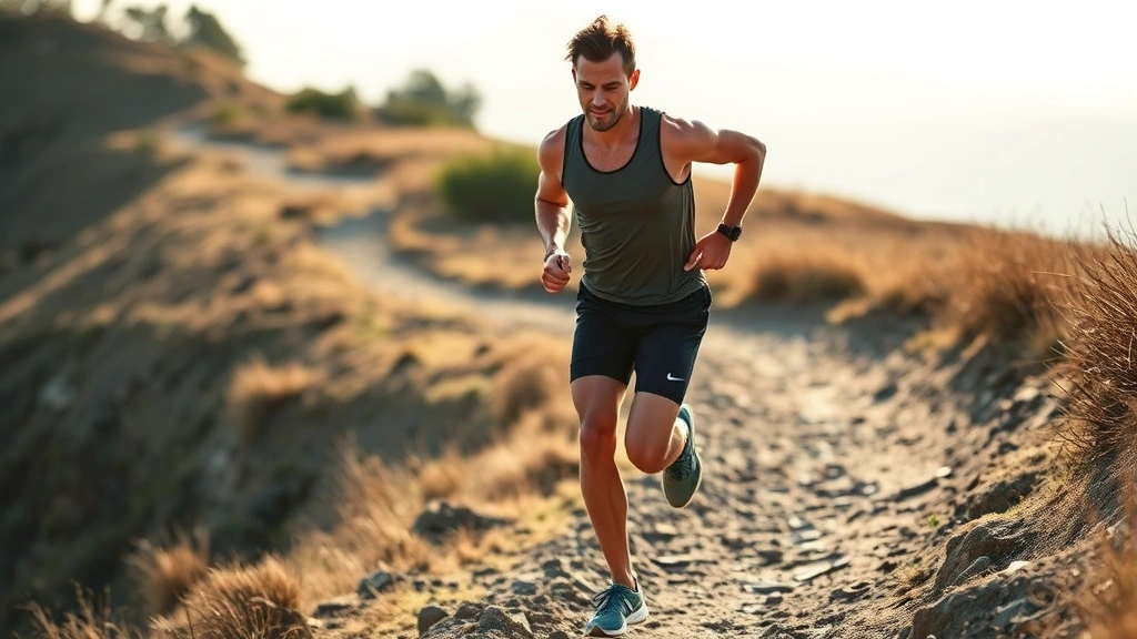 Athlete training outdoors on hillside path, running uphill with determination, morning light, scenic landscape, showing physical effort and perseverance in natural setting