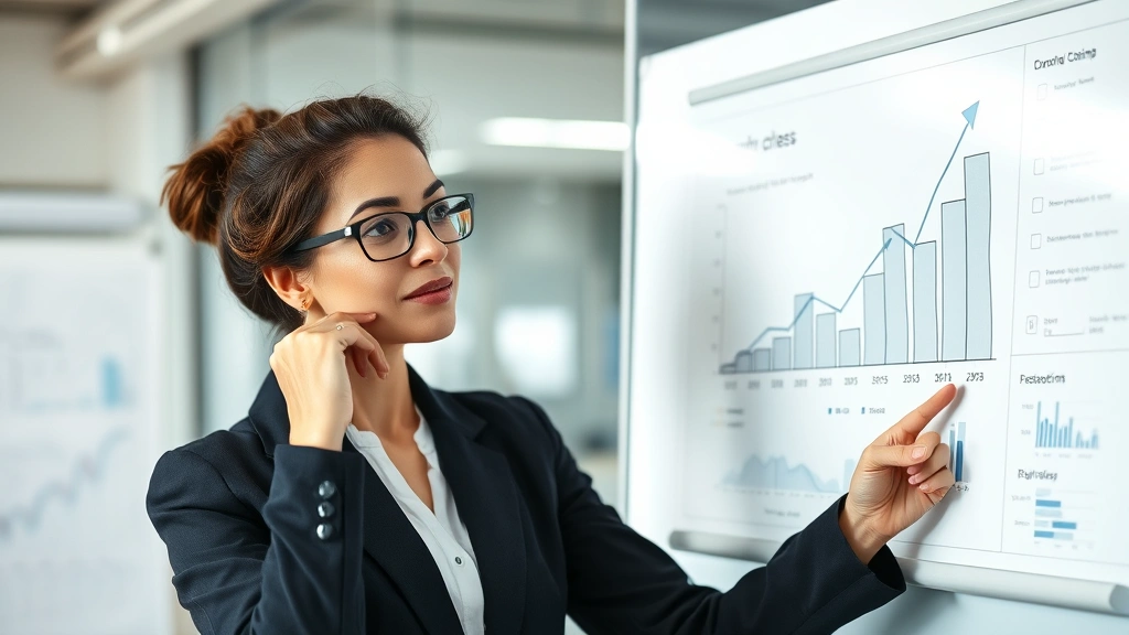 Professional woman reviewing growth chart on whiteboard with thoughtful expression, analyzing data and progress, modern office environment, confident and strategic mindset