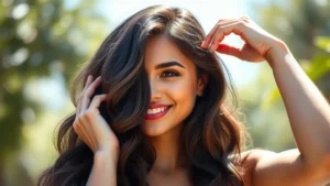 Woman with visibly thick, healthy, shiny hair in natural sunlight, smiling confidently while touching her hair, showing texture and volume, photorealistic, no text or labels