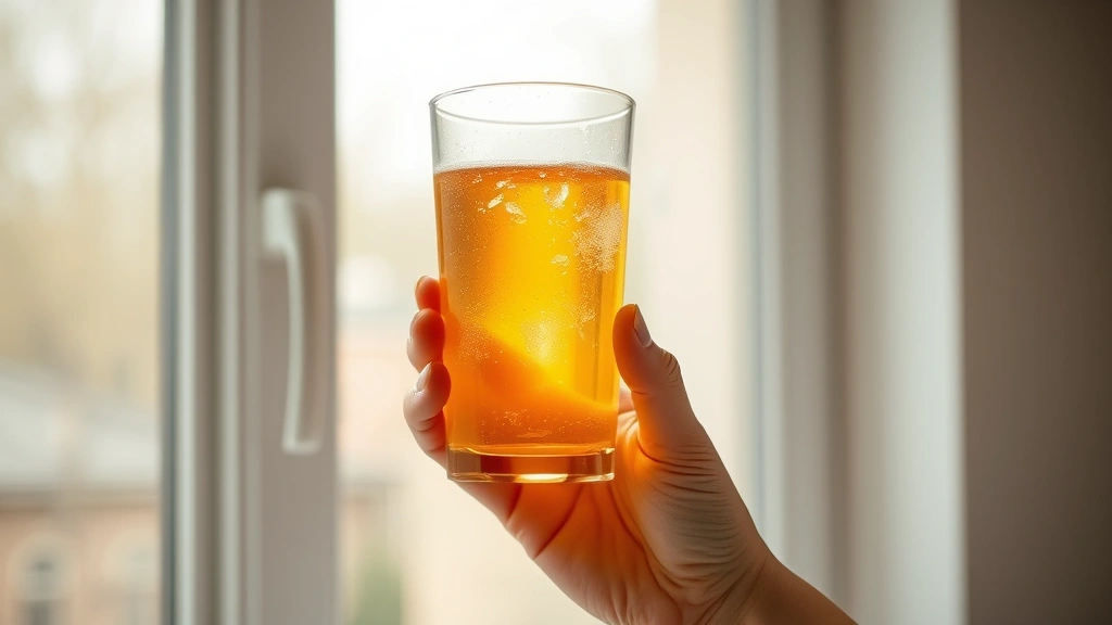 Person holding a transparent glass of clear amber-colored liquid supplement against bright window light, fresh and natural setting with wellness aesthetic