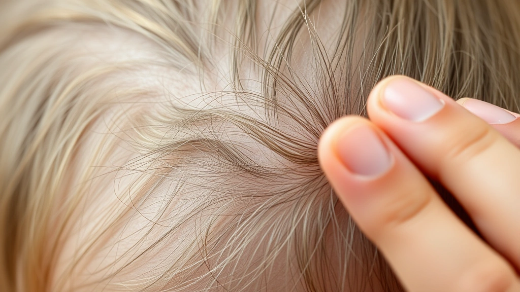 Close-up of healthy scalp with new growth baby hairs visible, person touching scalp gently, soft natural lighting emphasizing hair health and regrowth