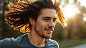 Close-up of a man running outdoors in morning sunlight with healthy, thick dark hair flowing, showing vitality and wellness, natural background with trees