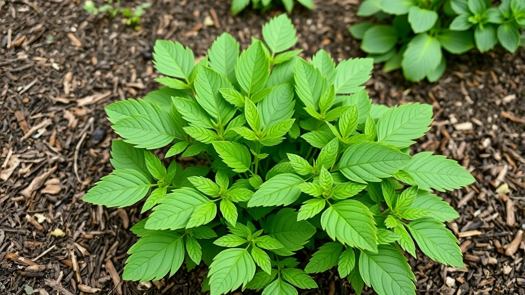 Mature mustard plant with full green leaves in mid-growth stage, surrounded by mulch, photographed from above showing leaf structure and plant vigor in garden setting with blurred garden background
