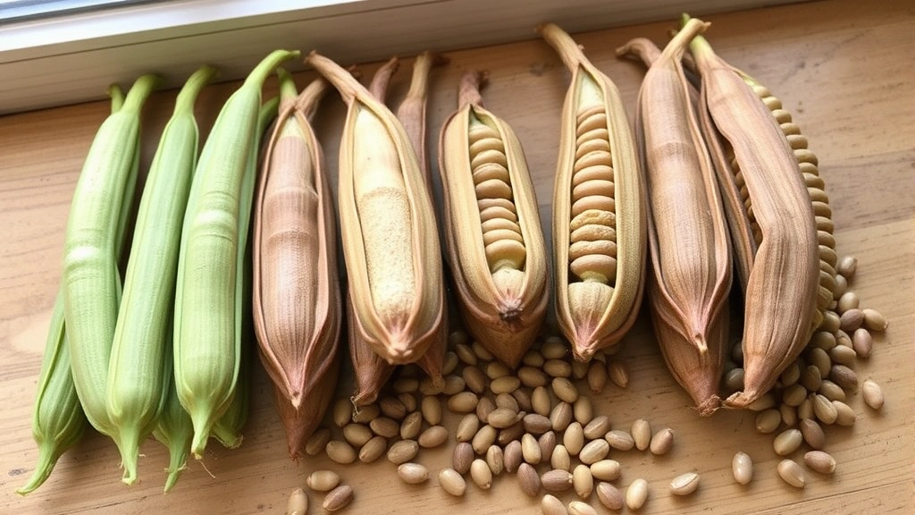 Harvested mustard pods in various stages of maturity from green to brown, arranged on natural wooden surface with scattered seeds, natural window lighting highlighting pod texture and seed development progression