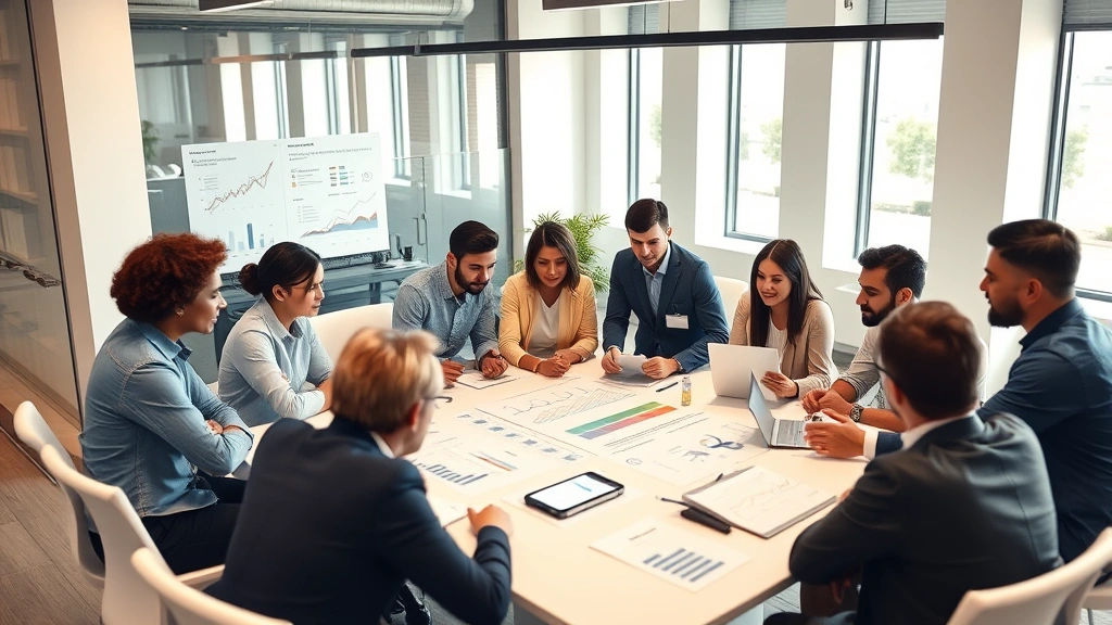 Diverse group of people in collaborative discussion around table with charts and progress graphs, engaged and motivated, modern office setting, representing growth partnerships and teamwork