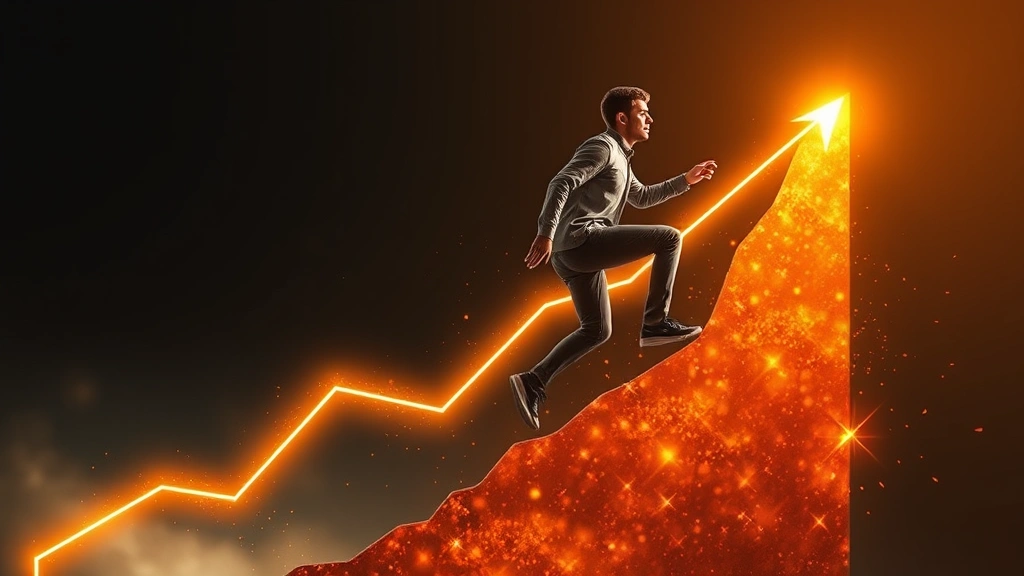 Young professional climbing upward on an ascending line graph that glows with energy, determined expression, abstract digital elements around, representing measurable progress and momentum
