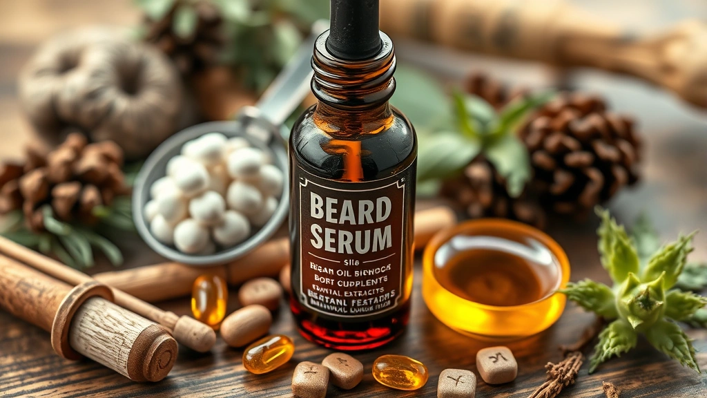 Close-up of beard serum bottle with amber glass surrounded by natural ingredients like argan oil, biotin supplements, and botanical extracts on wooden surface, warm lighting
