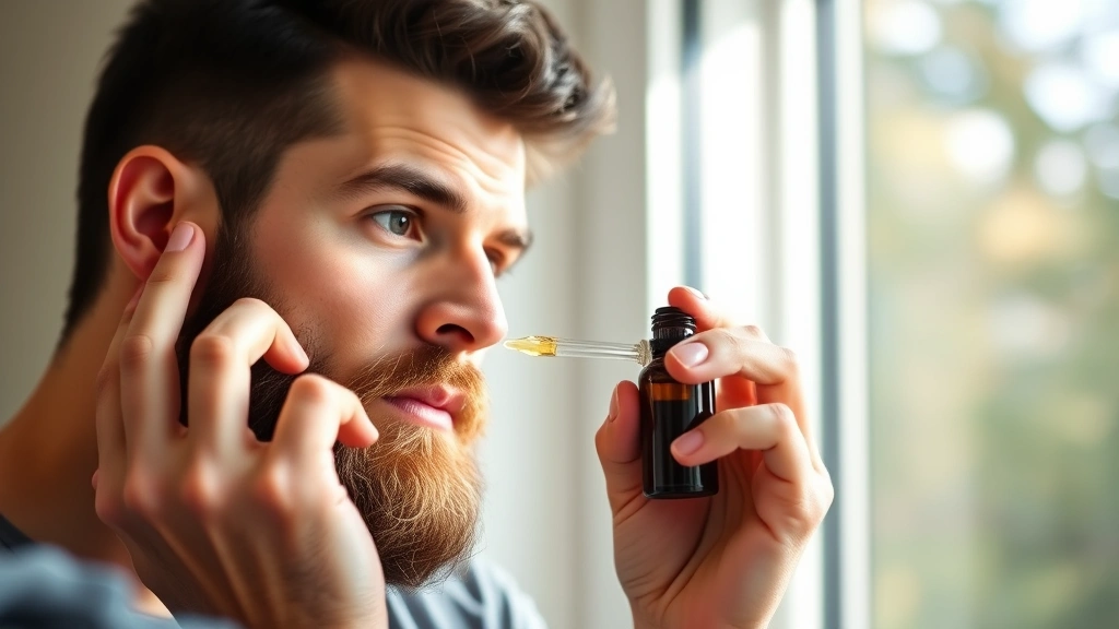Man applying beard serum with dropper to facial hair, focused expression, showing application technique, natural lighting from window, demonstrating grooming routine