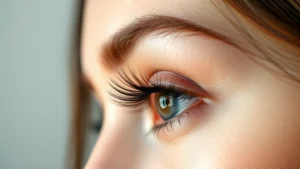 Close-up of a woman's eye with visibly fuller, longer, darker eyelashes against a soft, blurred background, natural lighting highlighting lash definition and volume, no makeup or minimal makeup, professional beauty photography