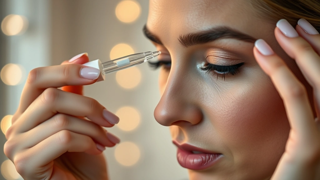 Woman applying clear lash serum to upper lash line with precision brush applicator, calm evening setting with soft warm lighting, focused on proper application technique, serene expression, close-up detail shot