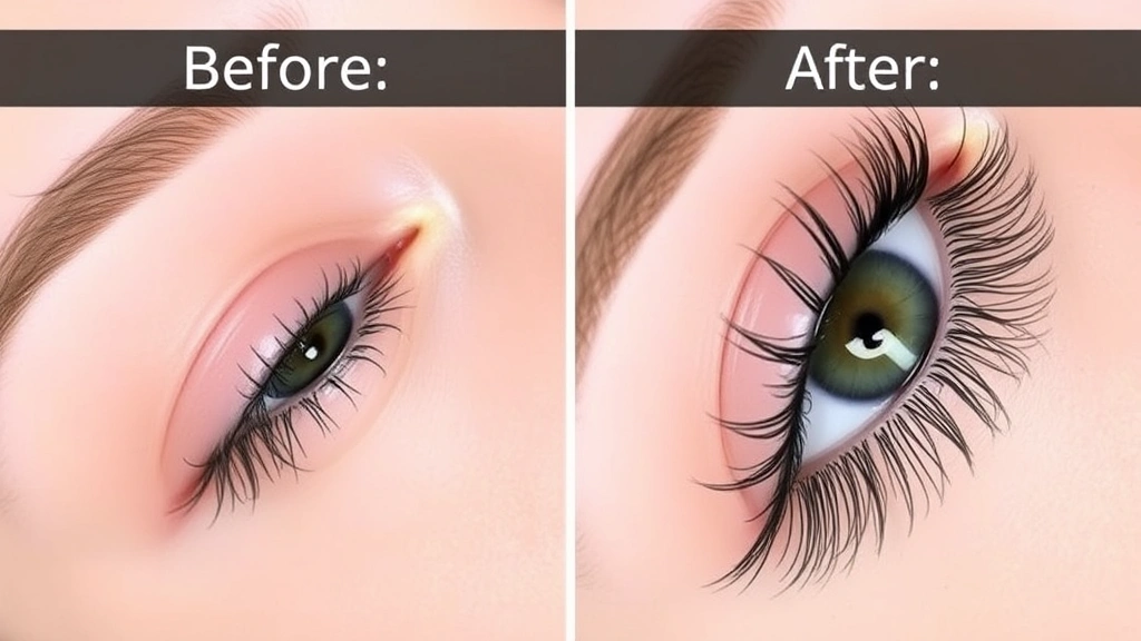 Split-screen comparison showing before and after of eyelashes: left side sparse thin lashes, right side dramatically fuller thicker lashes, same eye angle and lighting, clear visual transformation demonstration