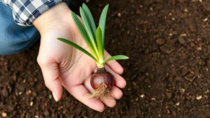 A gardener's hands holding a young onion seedling with green leaves and visible roots against rich brown soil, showing the seedling development stage of growth
