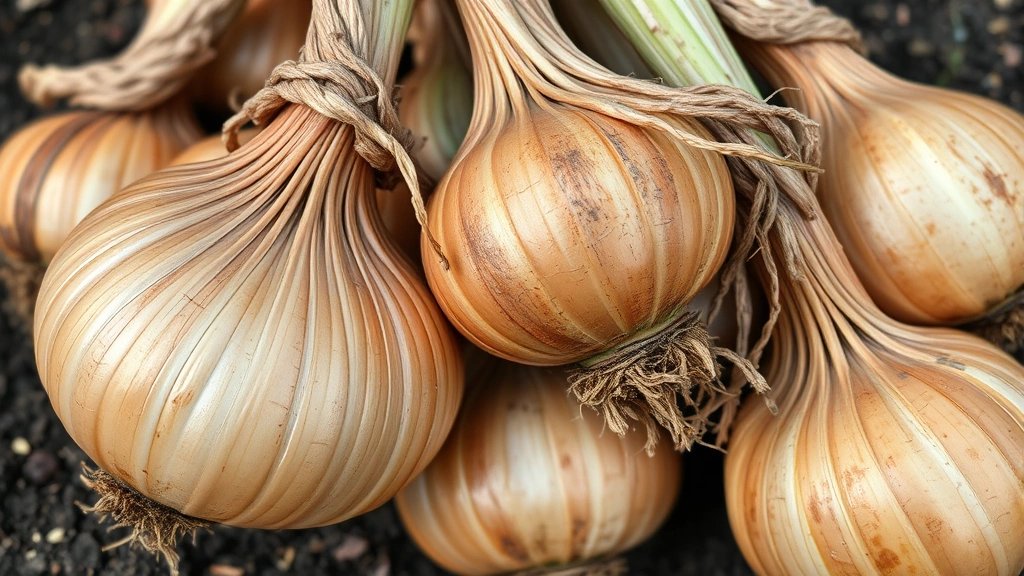 Close-up of mature onion bulbs with dried papery golden-brown outer skin and fallen-over dried tops ready for harvest, displayed on garden soil
