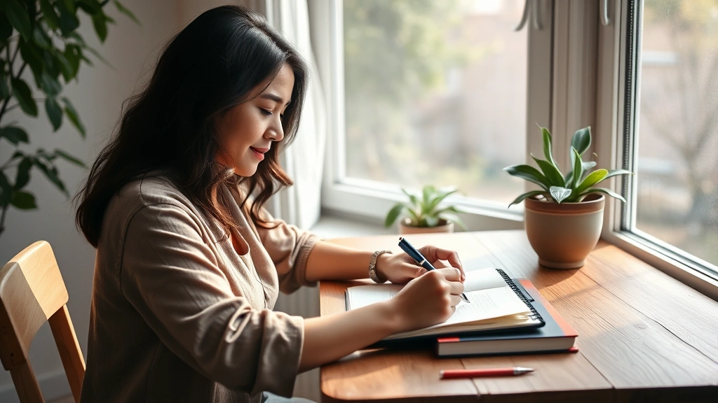 Woman writing in journal at wooden desk by window, natural light streaming in, thoughtful expression, plants nearby, sense of self-reflection and clarity, warm and inviting