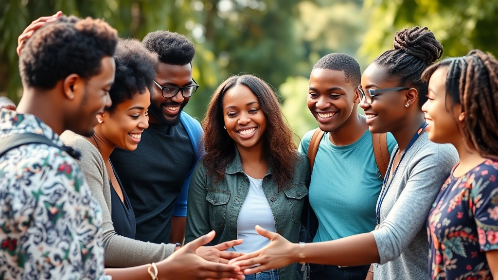 Group of diverse people collaborating and smiling together, supporting each other, positive energy, outdoor setting, connection and growth through community