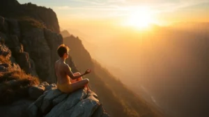 Person meditating peacefully on mountain cliff at sunrise, serene natural landscape, golden light, contemplative posture, embodying mindfulness and self-discovery