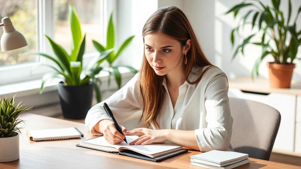 Young professional woman writing in notebook at modern desk, focused expression, natural light, surrounded by plants, representing goal-setting and personal development