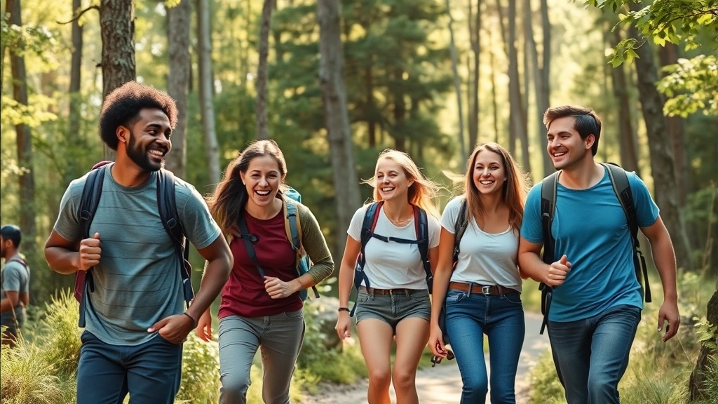 Diverse group of people hiking together on forest trail, laughing and supporting each other, sunlight through trees, depicting resilience and community growth