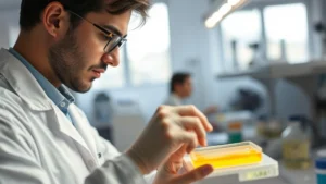 Person in laboratory coat examining bacterial culture plates under bright lighting, focused expression, modern microbiology lab setting with equipment blurred in background, natural daylight through windows