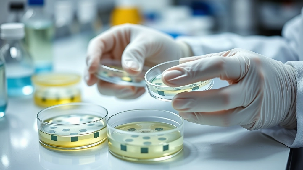Close-up of scientist's hands carefully handling petri dishes with bacterial cultures, sterile technique demonstration, laboratory bench with growth media and instruments, professional scientific environment