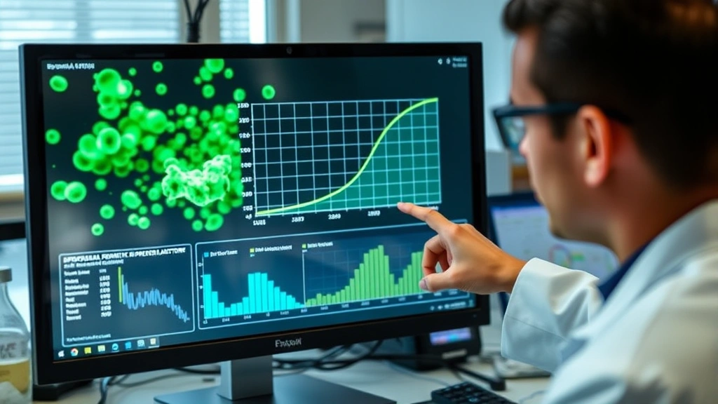 Split-screen visualization showing exponential bacterial population growth stages, person pointing at growth curve chart on laboratory monitor, data analysis workspace, scientific documentation visible