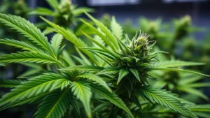 Close-up of vibrant green cannabis plant with healthy leaves and new growth nodes, professional indoor grow facility lighting, shallow depth of field emphasizing plant vigor and leaf texture, photorealistic natural lighting