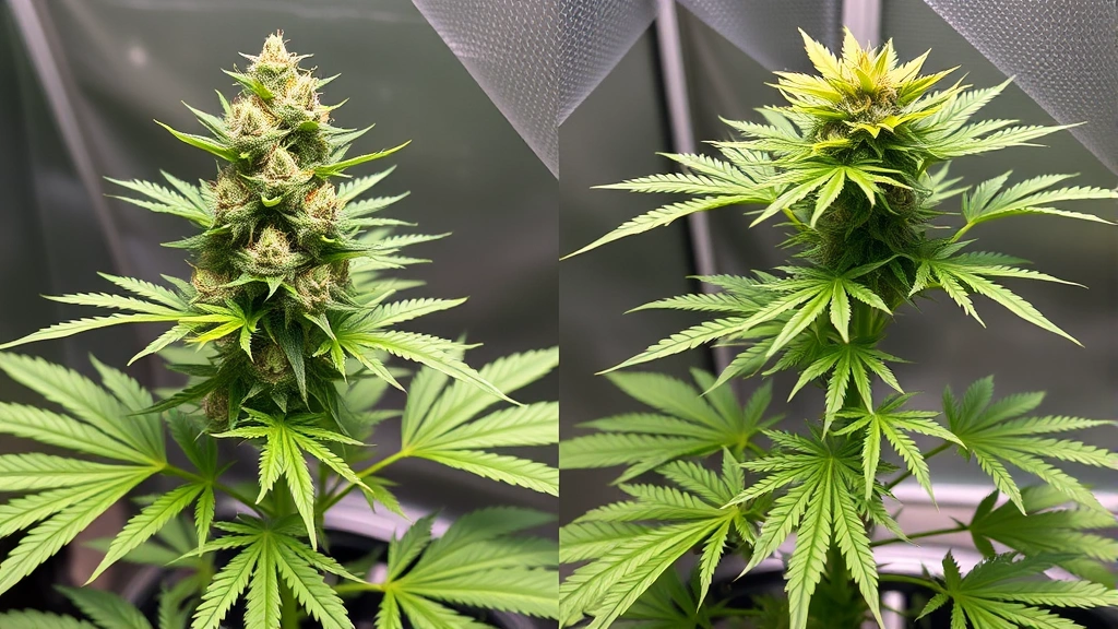 Side-by-side comparison of two cannabis plants at same stage, left plant showing compact dense flowering structure, right plant showing sparse development, demonstrating yield optimization differences, indoor cultivation environment
