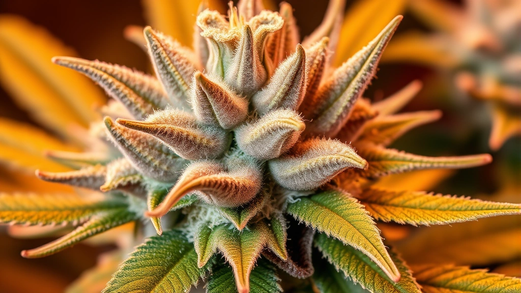 Detailed macro photography of cannabis flower clusters in peak bloom showing trichome development and bud density, professional horticultural photography, warm grow lights creating rich color contrast, photorealistic close-up of flowering excellence