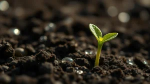 Close-up of green seedling emerging from dark soil, water droplets visible, natural morning light creating soft shadows, photorealistic, earthy tones, representing new beginning and emergence