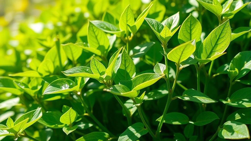 Lush green plant with full foliage and strong stems in bright sunlight, vibrant healthy growth, water droplets on leaves, photorealistic, showing peak vitality and strength phase