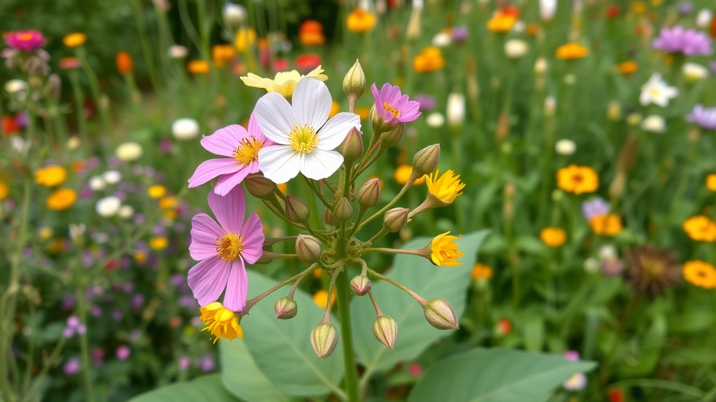 Mature flowering plant in full bloom with colorful flowers and visible seed pods, diverse flora in background, natural garden setting, photorealistic, representing peak performance and contribution