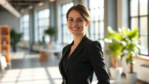 Professional woman standing confidently in bright office, shoulders back, genuine smile, natural lighting, professional attire, morning light through windows, authentic confidence expression