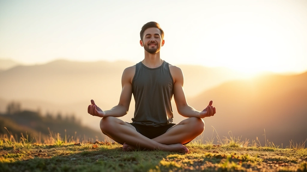 Person meditating peacefully in serene natural setting, mountains background, sunrise light, calm expression, cross-legged position, tranquil environment, personal wellness moment