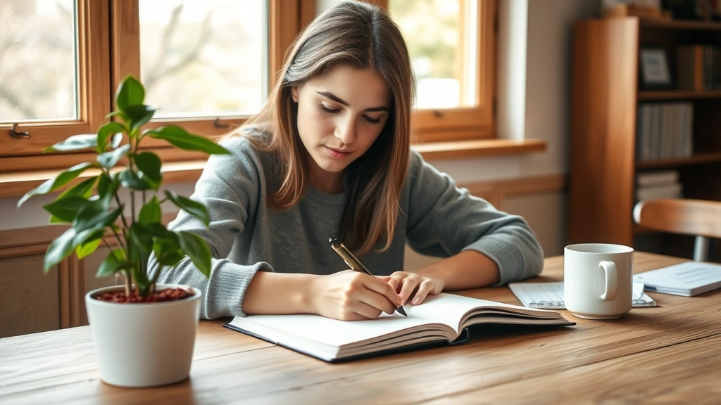 Young adult writing in journal at wooden desk with plant, focused expression, natural window light, coffee cup nearby, growth mindset captured, reflective moment, calm workspace