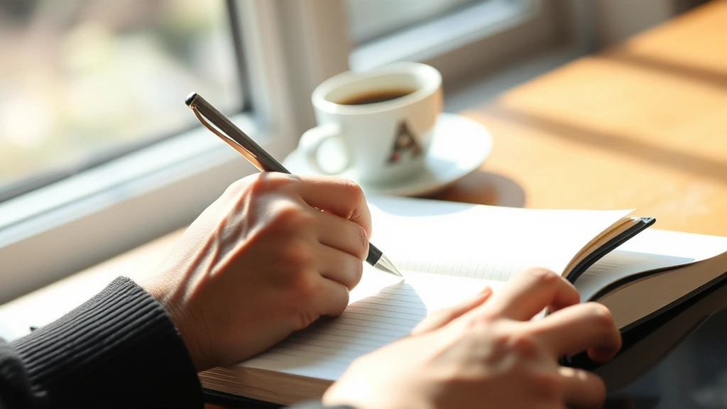 Close-up of hands writing in a journal with a cup of coffee nearby, morning light streaming through window, focused expression, peaceful workspace, personal reflection moment