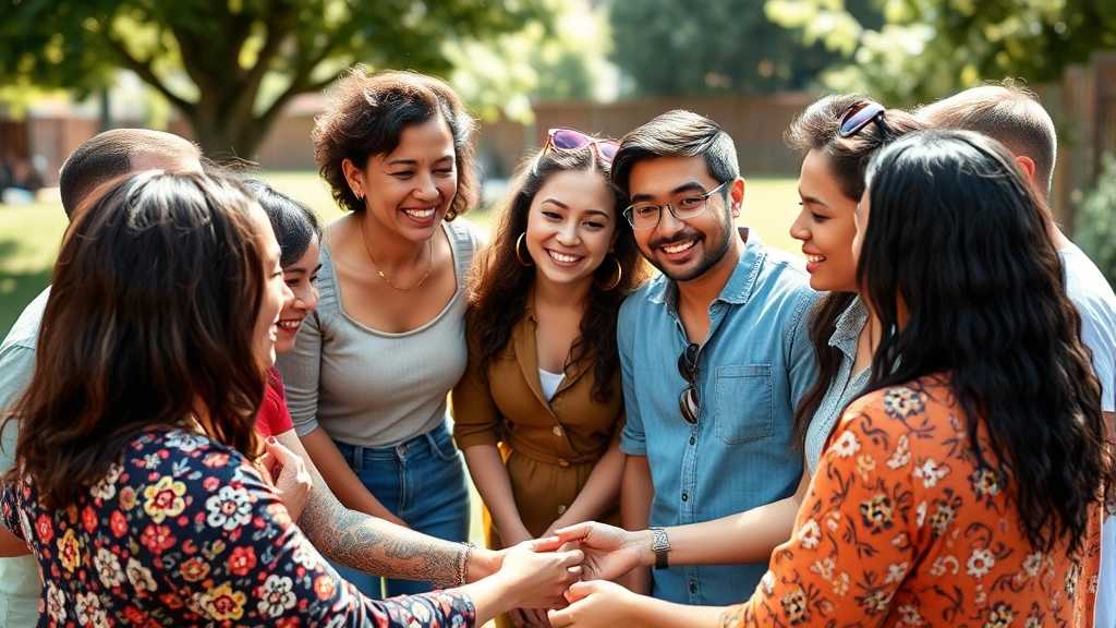 A diverse group of people in a supportive circle having a meaningful conversation, genuine smiles, outdoor setting with natural light, connection and community feeling, authentic human interaction