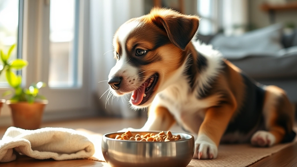 Happy healthy puppy eating high-quality food from a ceramic bowl, puppy appears satisfied and well-nourished, natural sunlight streaming through window, cozy home environment