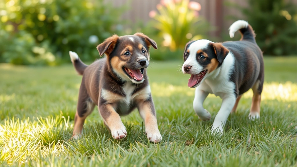 Young puppy playing safely on grass in a yard, enjoying low-impact exercise and socialization with another vaccinated puppy, joyful expression, outdoor natural setting